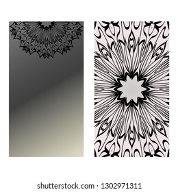 Yoga Card Template With Mandala Pattern. For Business Card, Fitness Center, Meditation Class. Vector Illustration. Black grey color.