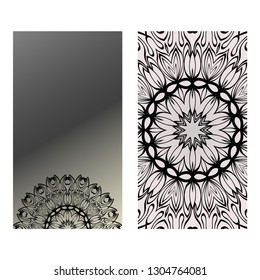 Yoga Card Template With Mandala Pattern. For Business Card, Fitness Center, Meditation Class. Vector Illustration. Black grey color.