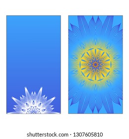 Yoga Card Template With Mandala Pattern. Vector illustration. Blue, yellow, white color. For Visit Card, Business, Greeting Card Invitation. Islam, Arabic, Indian, Mexican Ottoman Motifs