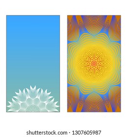 Yoga Card Template With Mandala Pattern. Vector illustration. Blue, yellow, white color. For Visit Card, Business, Greeting Card Invitation. Islam, Arabic, Indian, Mexican Ottoman Motifs