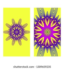 Yoga Card Template With Mandala Pattern. For Business Card, Meditation Class. Vector Illustration. Yellow purple color.