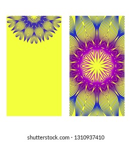 Yoga Card Template With Mandala Pattern. For Business Card, Meditation Class. Vector Illustration. Yellow purple color.