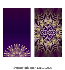 Yoga Card Template With Mandala Pattern. For Business Card, Fitness Center, Meditation Class. Vector Illustration. Luxury romantic purple gold color.