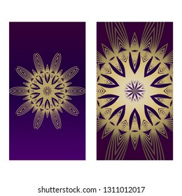 Yoga Card Template With Mandala Pattern. For Business Card, Fitness Center, Meditation Class. Vector Illustration. Luxury romantic purple gold color.