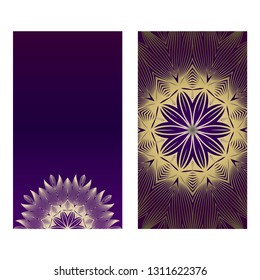 Yoga Card Template With Mandala Pattern. For Business Card, Fitness Center, Meditation Class. Vector Illustration. Luxury romantic purple gold color.