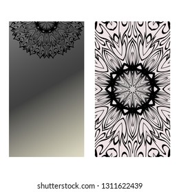 Yoga Card Template With Mandala Pattern. For Business Card, Fitness Center, Meditation Class. Vector Illustration. Black grey color.