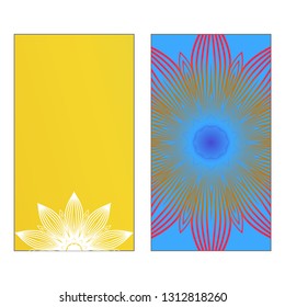 Yoga Card Template With Mandala Pattern. Vector illustration. Blue, yellow, white color. For Visit Card, Business, Greeting Card Invitation. Islam, Arabic, Indian, Mexican Ottoman Motifs