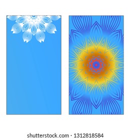 Yoga Card Template With Mandala Pattern. Vector illustration. Blue, yellow, white color. For Visit Card, Business, Greeting Card Invitation. Islam, Arabic, Indian, Mexican Ottoman Motifs