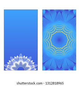 Yoga Card Template With Mandala Pattern. Vector illustration. Blue, yellow, white color. For Visit Card, Business, Greeting Card Invitation. Islam, Arabic, Indian, Mexican Ottoman Motifs