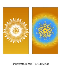Yoga Card Template With Mandala Pattern. Vector illustration. Blue, yellow, white color. For Visit Card, Business, Greeting Card Invitation. Islam, Arabic, Indian, Mexican Ottoman Motifs