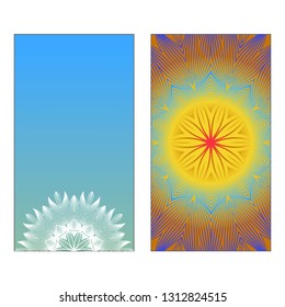 Yoga Card Template With Mandala Pattern. Vector illustration. Blue, yellow, white color. For Visit Card, Business, Greeting Card Invitation. Islam, Arabic, Indian, Mexican Ottoman Motifs