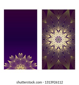 Yoga Card Template With Mandala Pattern. For Business Card, Fitness Center, Meditation Class. Vector Illustration. Luxury romantic purple gold color.