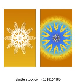 Yoga Card Template With Mandala Pattern. Vector illustration. Blue, yellow, white color. For Visit Card, Business, Greeting Card Invitation. Islam, Arabic, Indian, Mexican Ottoman Motifs