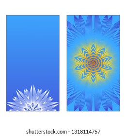Yoga Card Template With Mandala Pattern. Vector illustration. Blue, yellow, white color. For Visit Card, Business, Greeting Card Invitation. Islam, Arabic, Indian, Mexican Ottoman Motifs