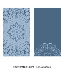 Yoga Card Template With Mandala Pattern. For Business Card, Fitness Center, Meditation Class. Vector Illustration. Pastel blue color.