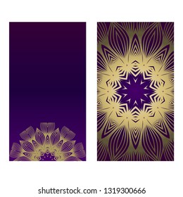Yoga Card Template With Mandala Pattern. For Business Card, Fitness Center, Meditation Class. Vector Illustration. Luxury romantic purple gold color.