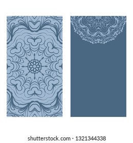 Yoga Card Template With Mandala Pattern. For Business Card, Fitness Center, Meditation Class. Vector Illustration. Patel blue color.