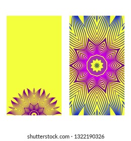 Yoga Card Template With Mandala Pattern. For Business Card, Meditation Class. Vector Illustration. Yellow purple color.