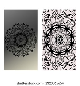 Yoga Card Template With Mandala Pattern. For Business Card, Fitness Center, Meditation Class. Vector Illustration. Black grey color.