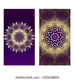 Yoga Card Template With Mandala Pattern. For Business Card, Fitness Center, Meditation Class. Vector Illustration. Luxury romantic purple gold color.