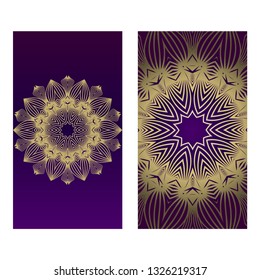 Yoga Card Template With Mandala Pattern. For Business Card, Fitness Center, Meditation Class. Vector Illustration. Luxury romantic purple gold color.