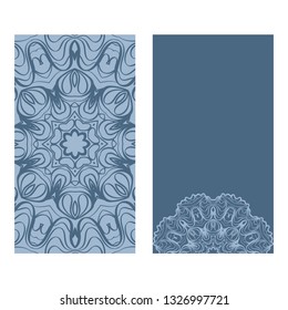 Yoga Card Template With Mandala Pattern. For Business Card, Fitness Center, Meditation Class. Vector Illustration. Patel blue color.