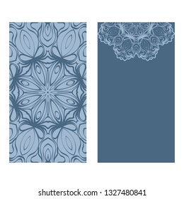 Yoga Card Template With Mandala Pattern. For Business Card, Fitness Center, Meditation Class. Vector Illustration. Patel blue color.