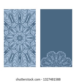 Yoga Card Template With Mandala Pattern. For Business Card, Fitness Center, Meditation Class. Vector Illustration. Patel blue color.