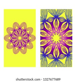 Yoga Card Template With Mandala Pattern. For Business Card, Meditation Class. Vector Illustration. Yellow purple color.