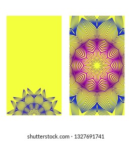 Yoga Card Template With Mandala Pattern. For Business Card, Meditation Class. Vector Illustration. Yellow purple color.