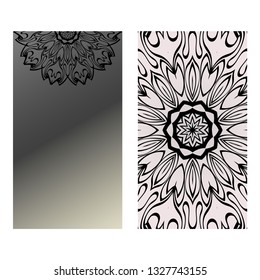 Yoga Card Template With Mandala Pattern. For Business Card, Fitness Center, Meditation Class. Vector Illustration. Black grey color.