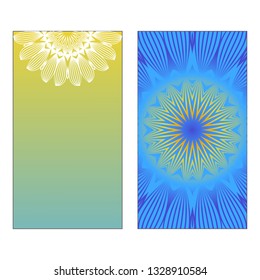 Yoga Card Template With Mandala Pattern. Vector illustration. Blue, yellow, white color. For Visit Card, Business, Greeting Card Invitation. Islam, Arabic, Indian, Mexican Ottoman Motifs