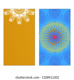 Yoga Card Template With Mandala Pattern. Vector illustration. Blue, yellow, white color. For Visit Card, Business, Greeting Card Invitation. Islam, Arabic, Indian, Mexican Ottoman Motifs