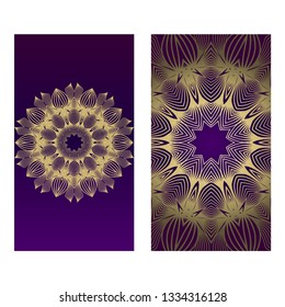 Yoga Card Template With Mandala Pattern. For Business Card, Fitness Center, Meditation Class. Vector Illustration. Luxury romantic purple gold color.