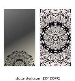 Yoga Card Template With Mandala Pattern. For Business Card, Fitness Center, Meditation Class. Vector Illustration. Black grey color.
