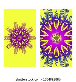 Yoga Card Template With Mandala Pattern. For Business Card, Meditation Class. Vector Illustration. Yellow purple color.