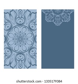 Yoga Card Template With Mandala Pattern. For Business Card, Fitness Center, Meditation Class. Vector Illustration. Patel blue color.