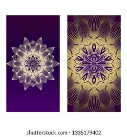 Yoga Card Template With Mandala Pattern. For Business Card, Fitness Center, Meditation Class. Vector Illustration. Luxury romantic purple gold color.