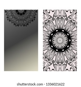 Yoga Card Template With Mandala Pattern. For Business Card, Fitness Center, Meditation Class. Vector Illustration. Black grey color.