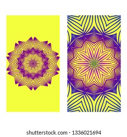 Yoga Card Template With Mandala Pattern. For Business Card, Meditation Class. Vector Illustration. Yellow purple color.