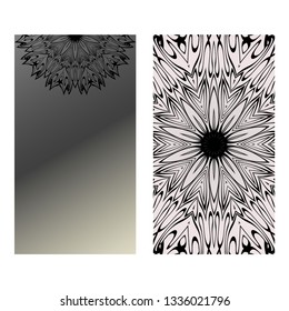 Yoga Card Template With Mandala Pattern. For Business Card, Fitness Center, Meditation Class. Vector Illustration. Black grey color.