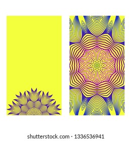 Yoga Card Template With Mandala Pattern. For Business Card, Meditation Class. Vector Illustration. Yellow purple color.