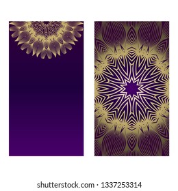 Yoga Card Template With Mandala Pattern. For Business Card, Fitness Center, Meditation Class. Vector Illustration. Luxury romantic purple gold color.