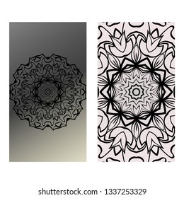 Yoga Card Template With Mandala Pattern. For Business Card, Fitness Center, Meditation Class. Vector Illustration. Black grey color.