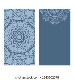 Yoga Card Template With Mandala Pattern. For Business Card, Fitness Center, Meditation Class. Vector Illustration. Patel blue color.
