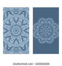 Yoga Card Template With Mandala Pattern. For Business Card, Fitness Center, Meditation Class. Vector Illustration. Patel blue color.
