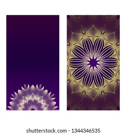 Yoga Card Template With Mandala Pattern. For Business Card, Fitness Center, Meditation Class. Vector Illustration. Luxury romantic purple gold color.