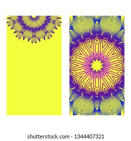 Yoga Card Template With Mandala Pattern. For Business Card, Meditation Class. Vector Illustration. Yellow purple color.