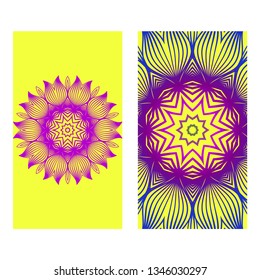 Yoga Card Template With Mandala Pattern. For Business Card, Meditation Class. Vector Illustration. Yellow purple color.