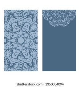 Yoga Card Template With Mandala Pattern. For Business Card, Fitness Center, Meditation Class. Vector Illustration. Patel blue color.